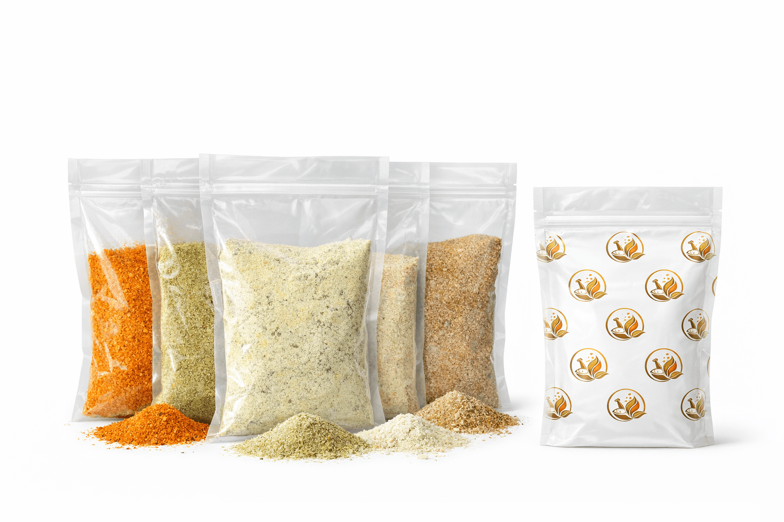 Primora Blends transparent spice pouches and patterned retail pouch